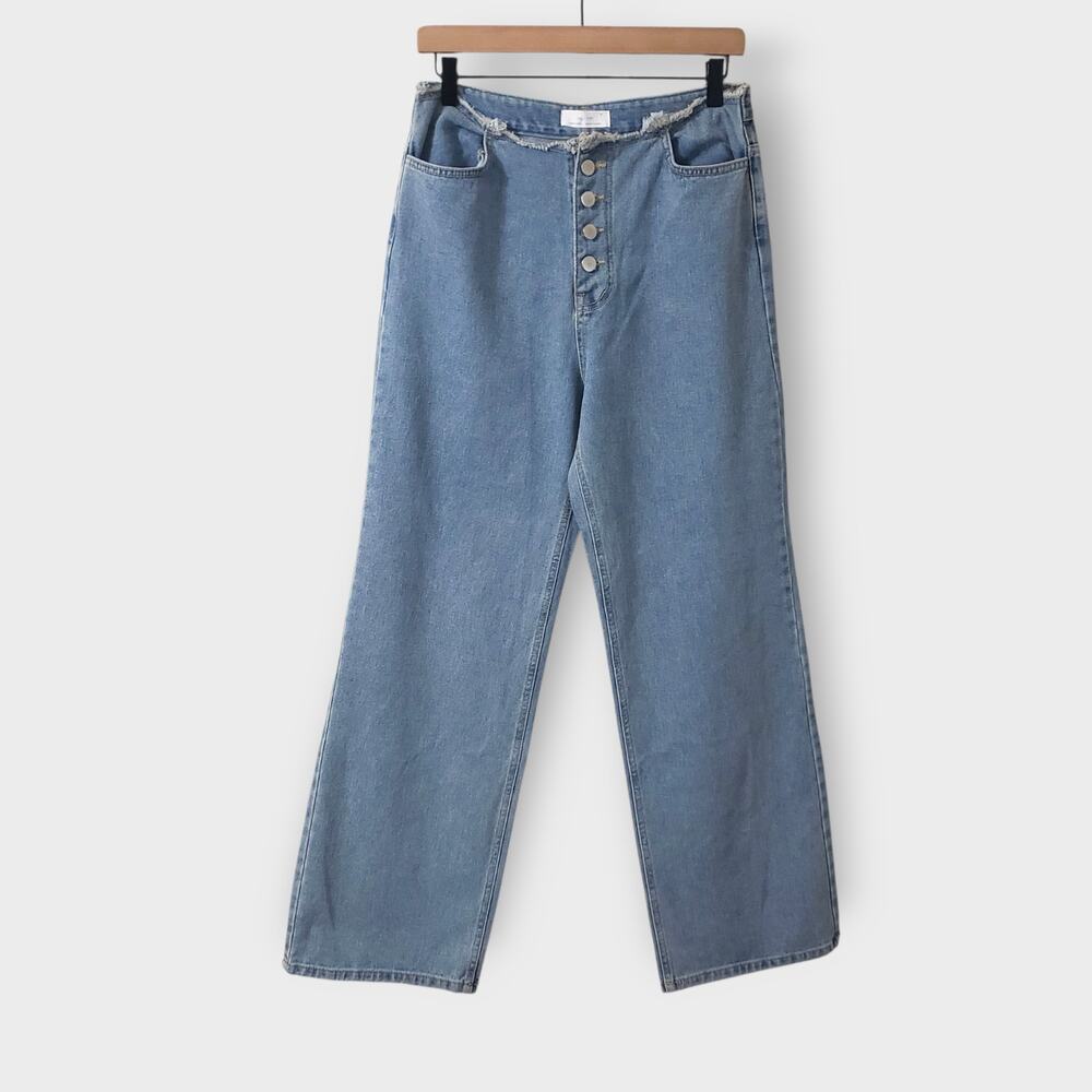 Oak + Fort Distressed Waist Slouchy Jean Straight Leg Light Wash Womens Sz 29